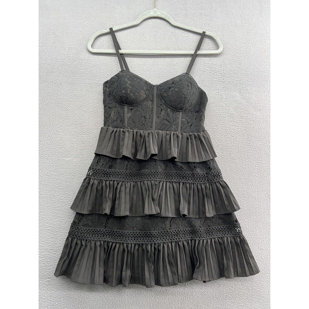 DO+BE Dress Women's Small Lace Tiered Ruffle Pleated Black Bustier Style Bodice